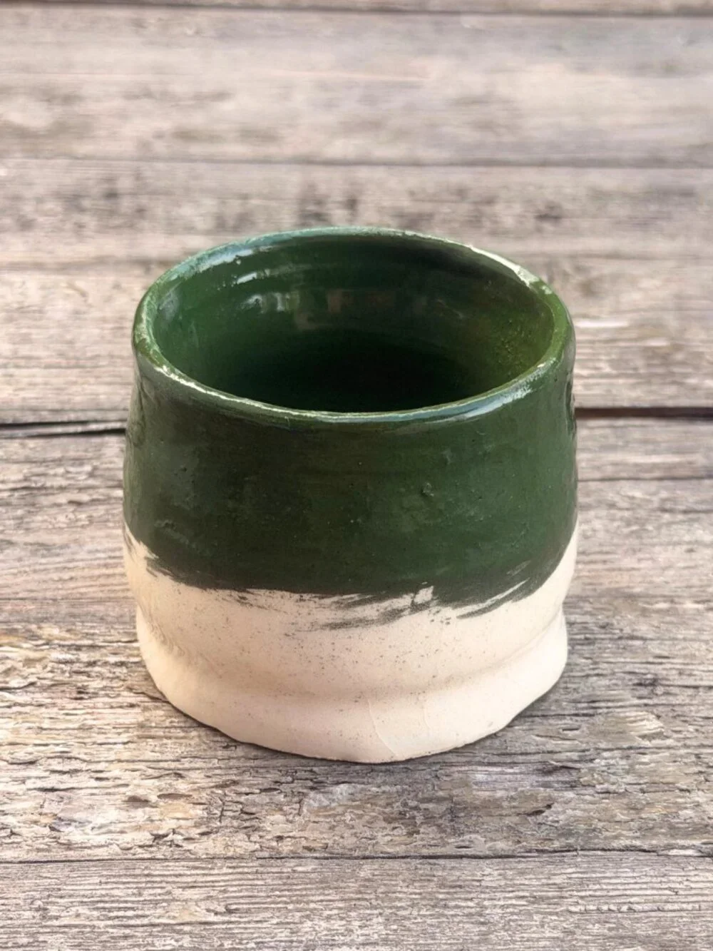 Vintage Studio Art Pottery Stoneware Tea Sake Cup Tumbler Tan Green Marked NAO